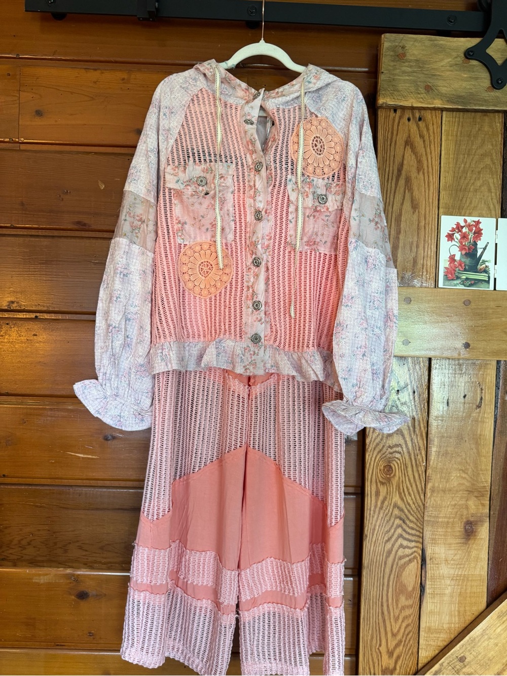 POL Peach Crochet Boho Hooded Jacket